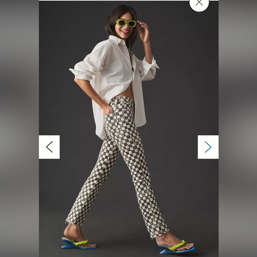 MOTHER Checkerboard Ankle Fray Jeans - Black and White
